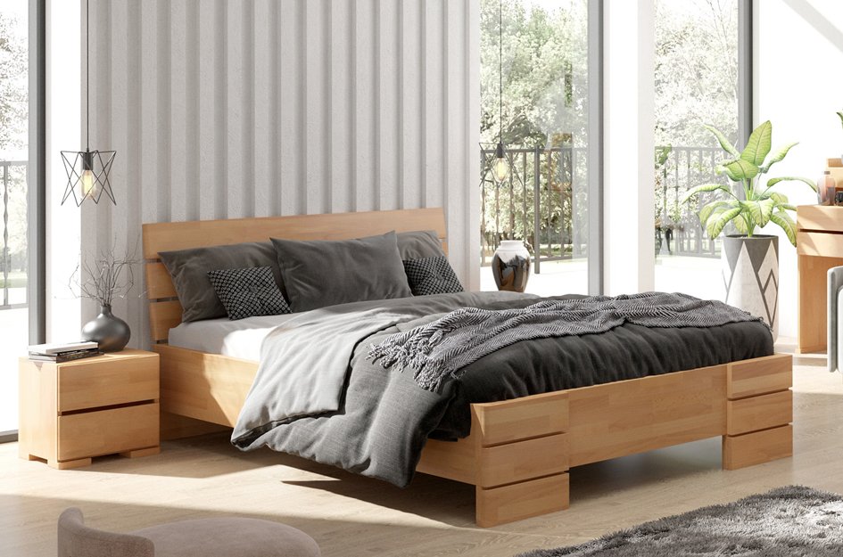 ZESTAW: Łóżko drewniane bukowe Visby SANDEMO High + Materac kieszeniowy Visby KARLSKRONA / z wełną i kokosem
