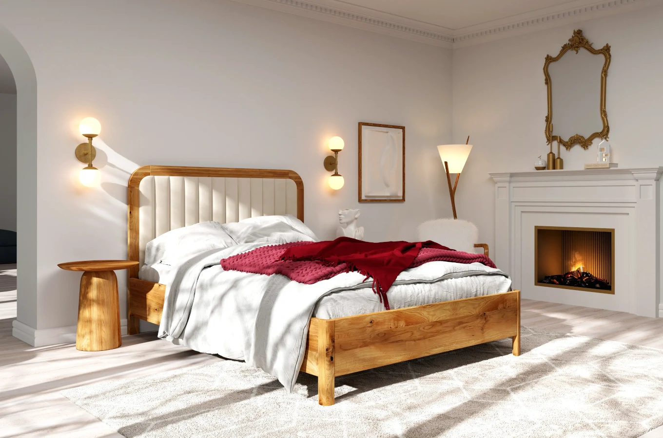Tapicerowane łóżko drewniane dębowe Visby MODENA z wysokim zagłówkiem / 120x200 cm, olej naturalny, zagłówek Casablanca 2314
