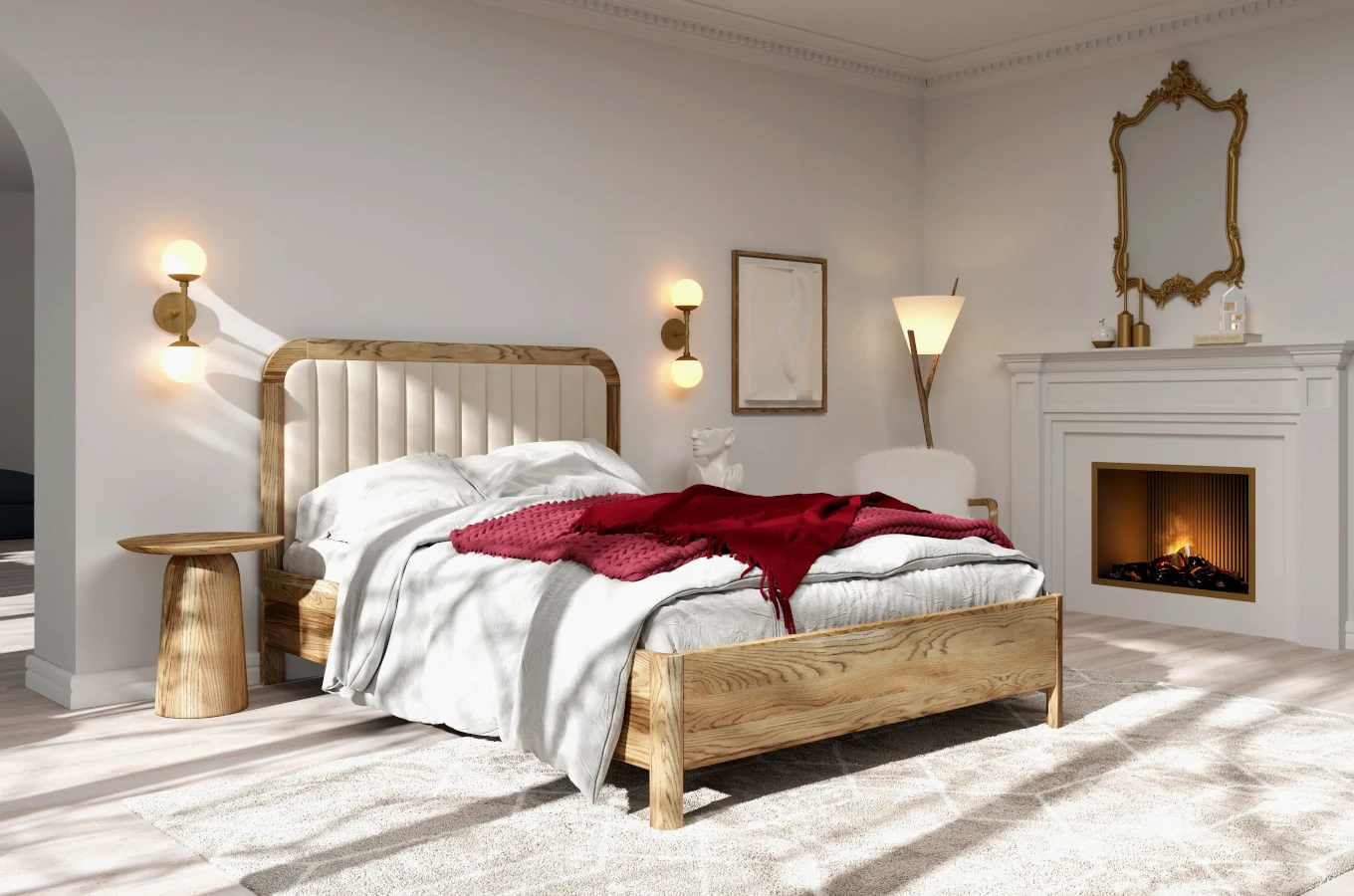 Tapicerowane łóżko drewniane dębowe Visby MODENA z wysokim zagłówkiem / 160x200 cm, olej retro, zagłówek Casablanca 2303