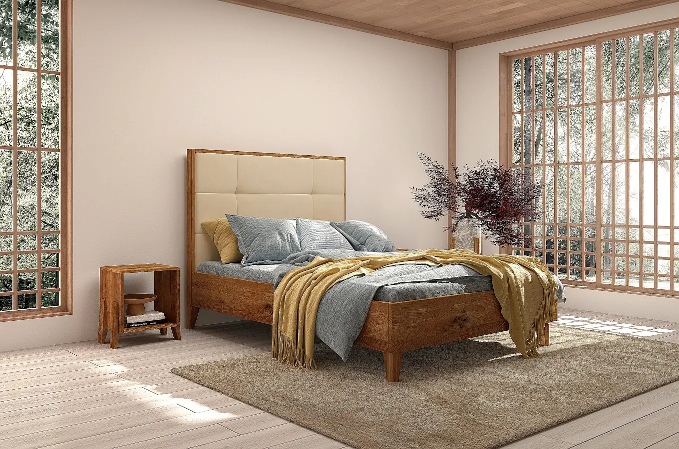 Tapicerowane łóżko drewniane dębowe Visby FRIDA z wysokim zagłówkiem / 200x200 cm, olej naturalny, zagłówek French Velvet 675