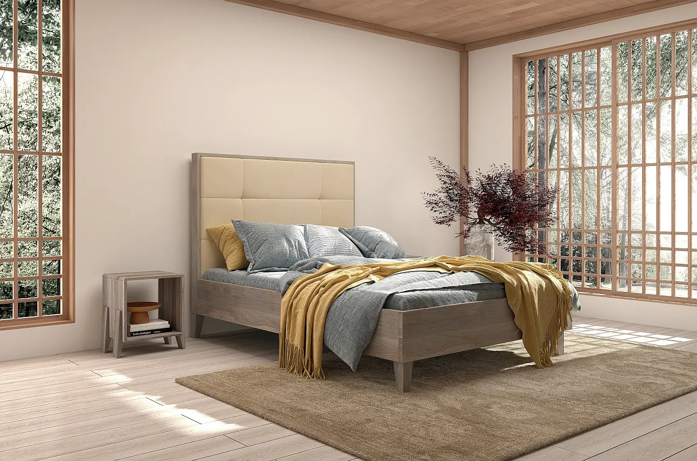 Tapicerowane łóżko drewniane dębowe Visby FRIDA z wysokim zagłówkiem / 160x200 cm, olej bielony, zagłówek French Velvet 659