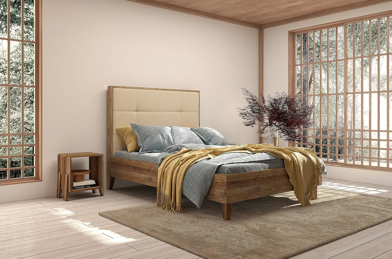 Tapicerowane łóżko drewniane dębowe Visby FRIDA z wysokim zagłówkiem / 120x200 cm, olej retro, zagłówek French Velvet 658