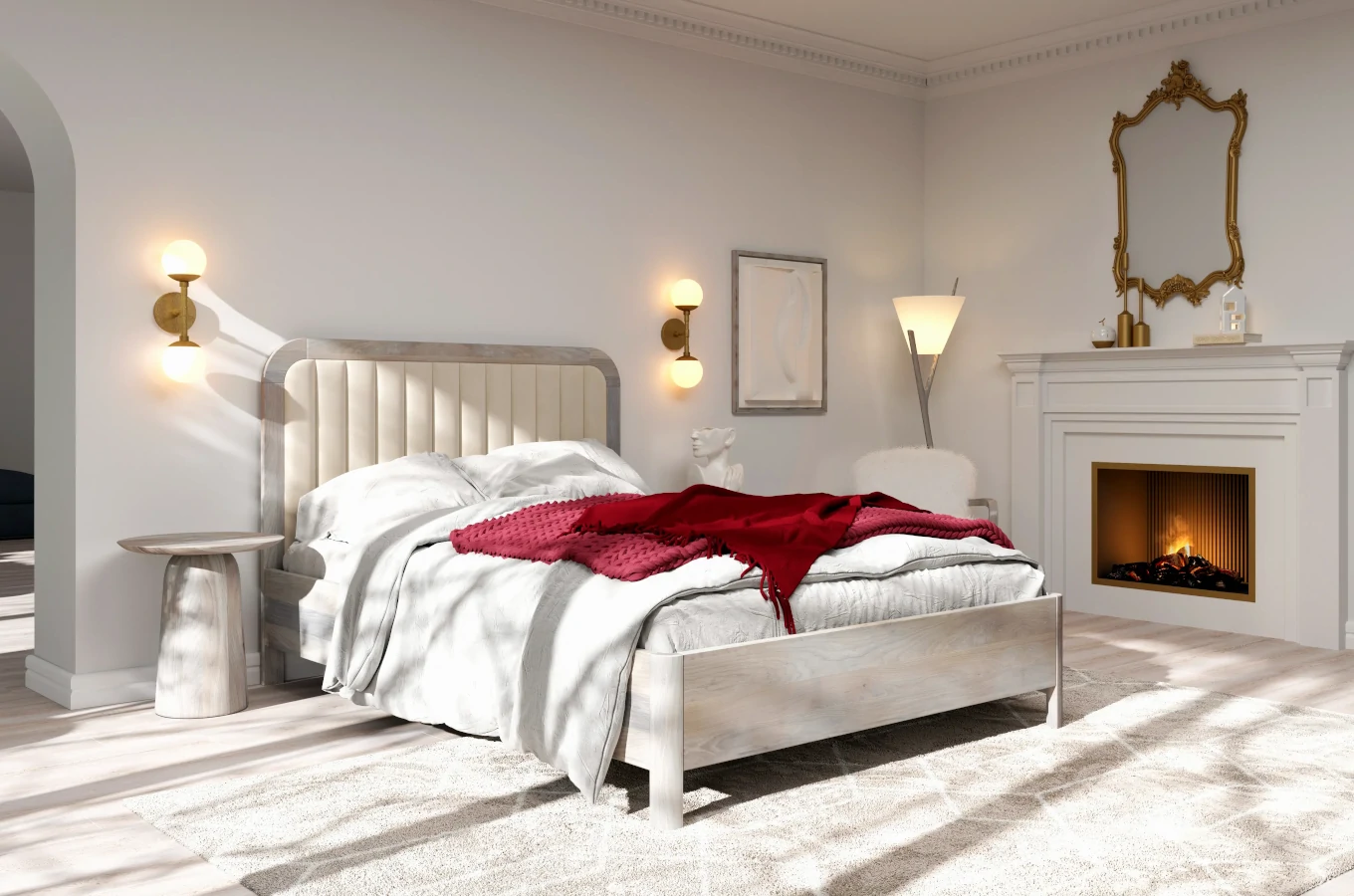 Tapicerowane łóżko drewniane dębowe Visby MODENA z wysokim zagłówkiem / 140x200 cm, olej bielony, zagłówek Casablanca 2315