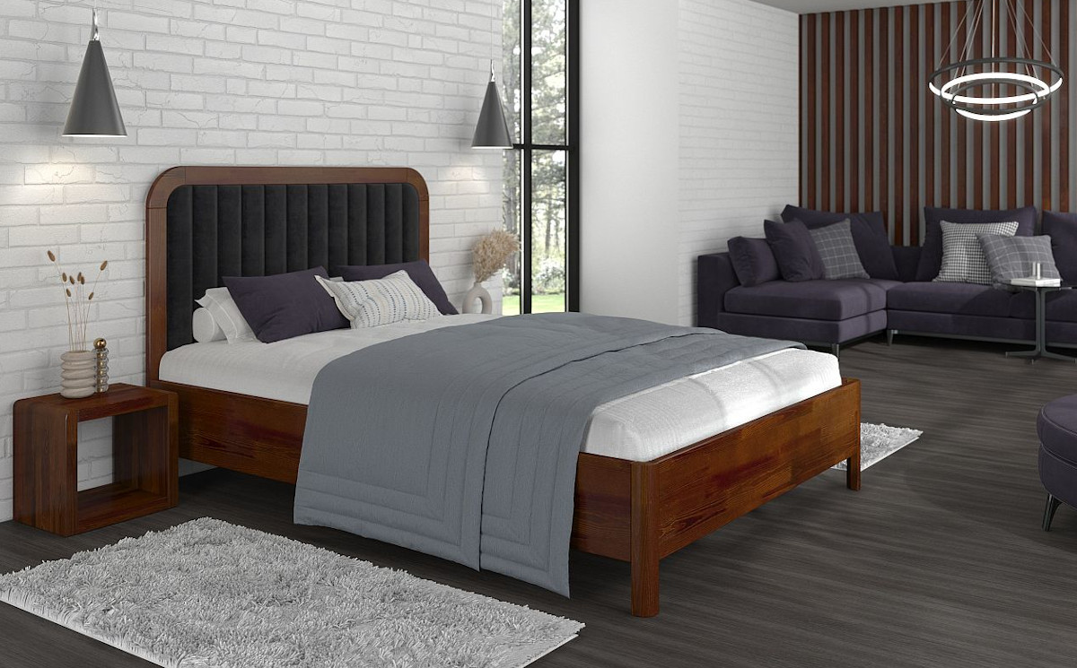 Drewniane łóżko do sypialni z tapicerowanym zagłówkiem