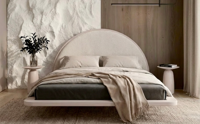 Tapicerowane łóżko drewniane z efektem lewitacji
