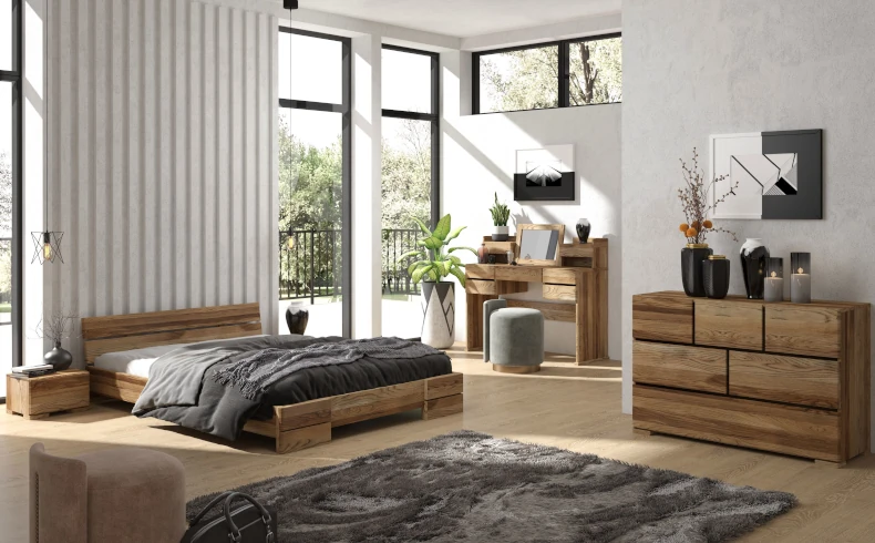 Niskie łóżko z drewnianym zagłówkiem