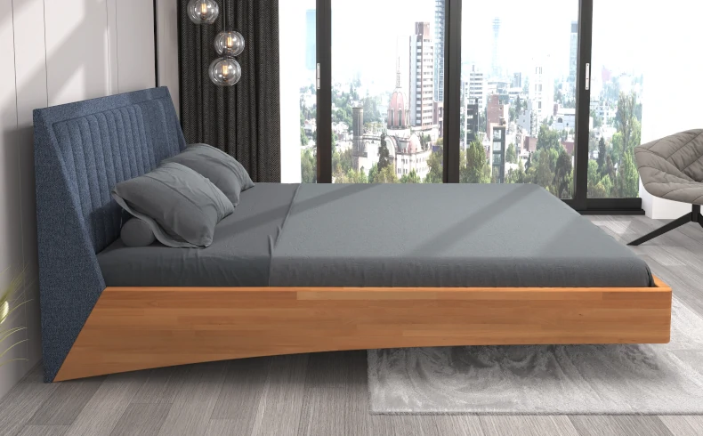 Tapicerowane łóżko drewniane z efektem lewitacji