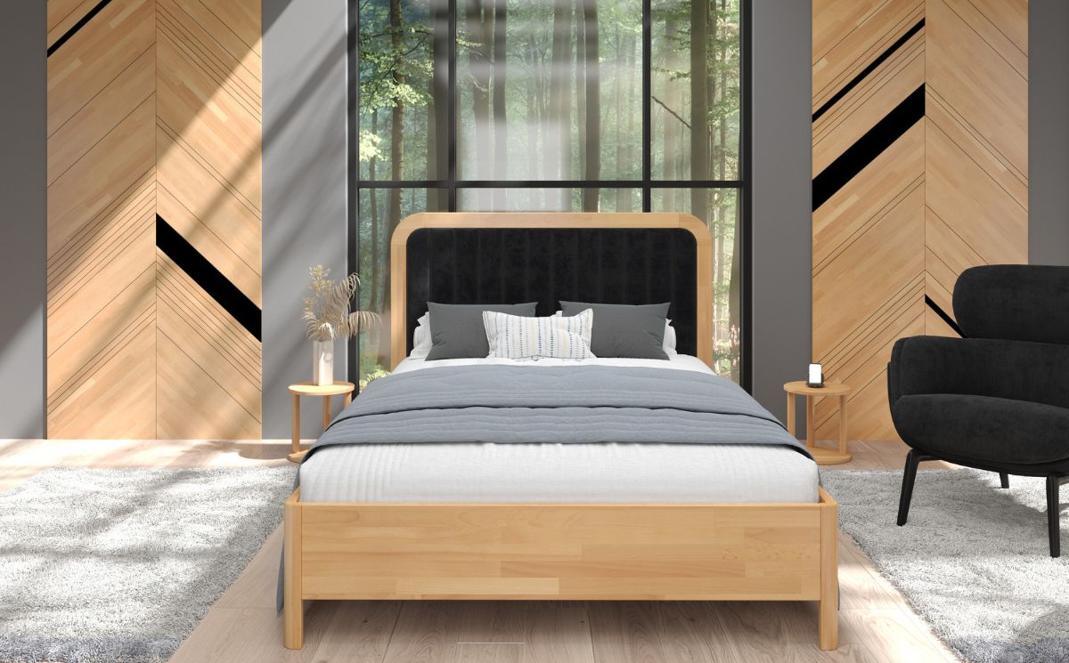 Drewniane łóżko bukowe Visby Modena z tapicerowanym zagłówkiem