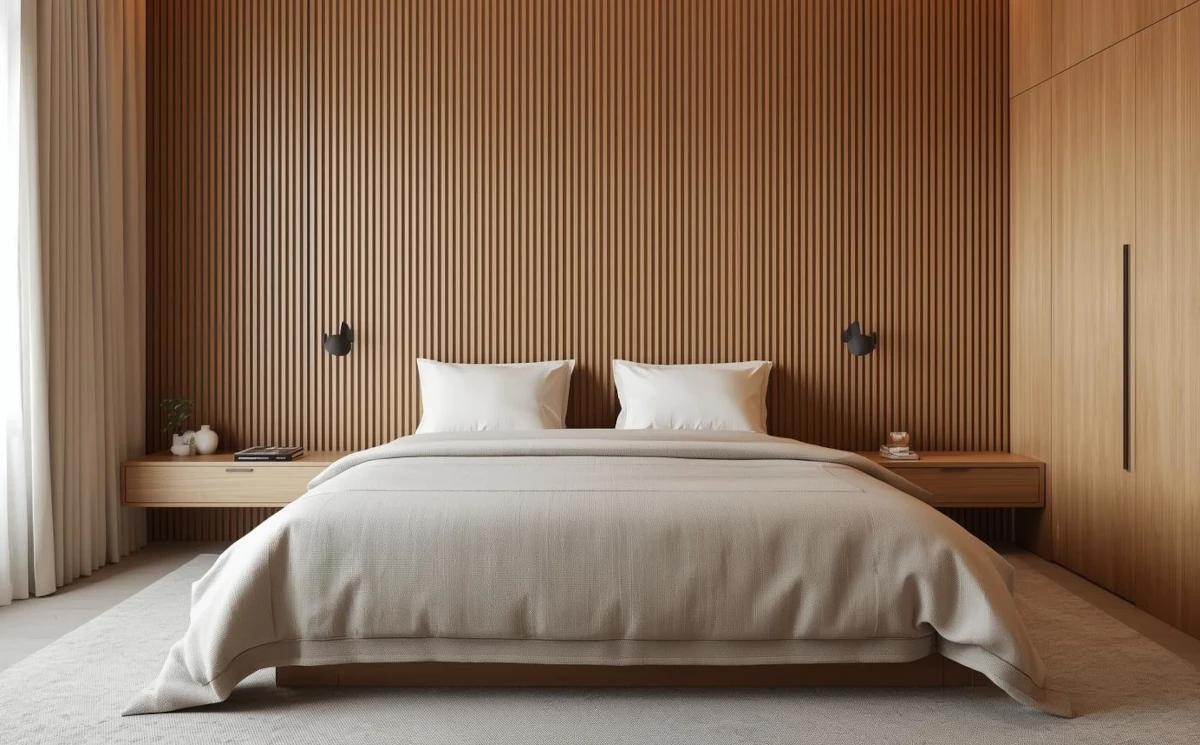 Łóżko drewniane w nowoczesnej sypialni