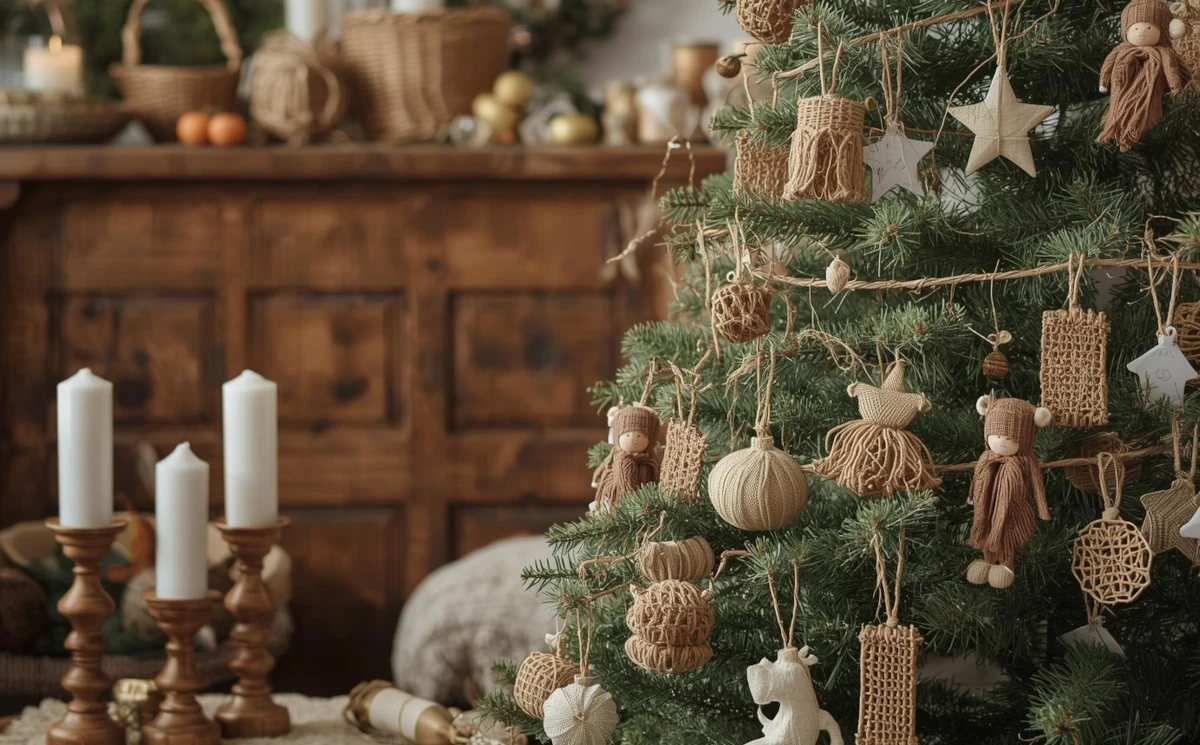 Choinka z naturalnymi ozdobami na tle drewnianej komody