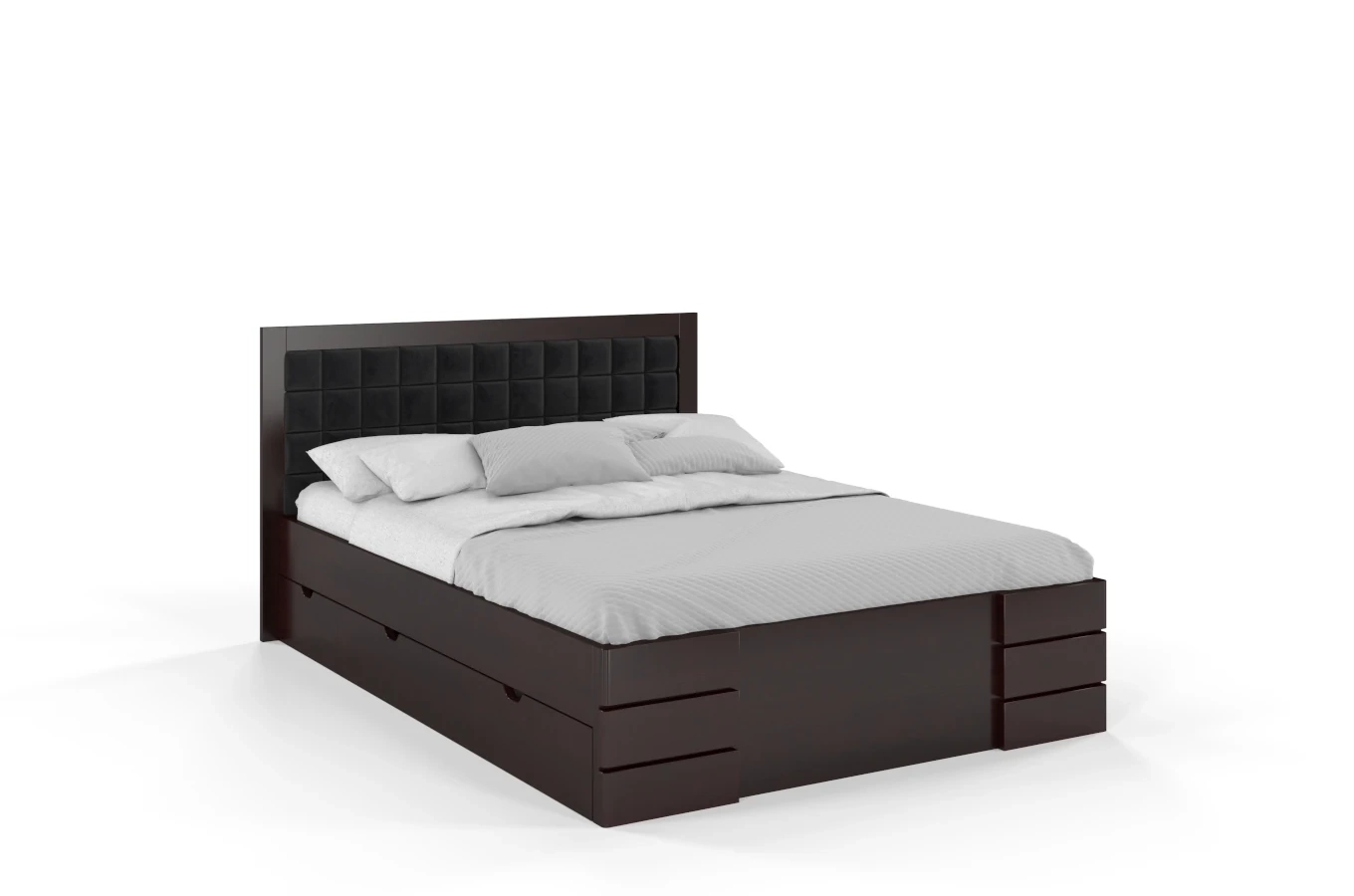 Tapicerowane łóżko drewniane - sosnowe Visby Gotland High Drawers (z szufladami)