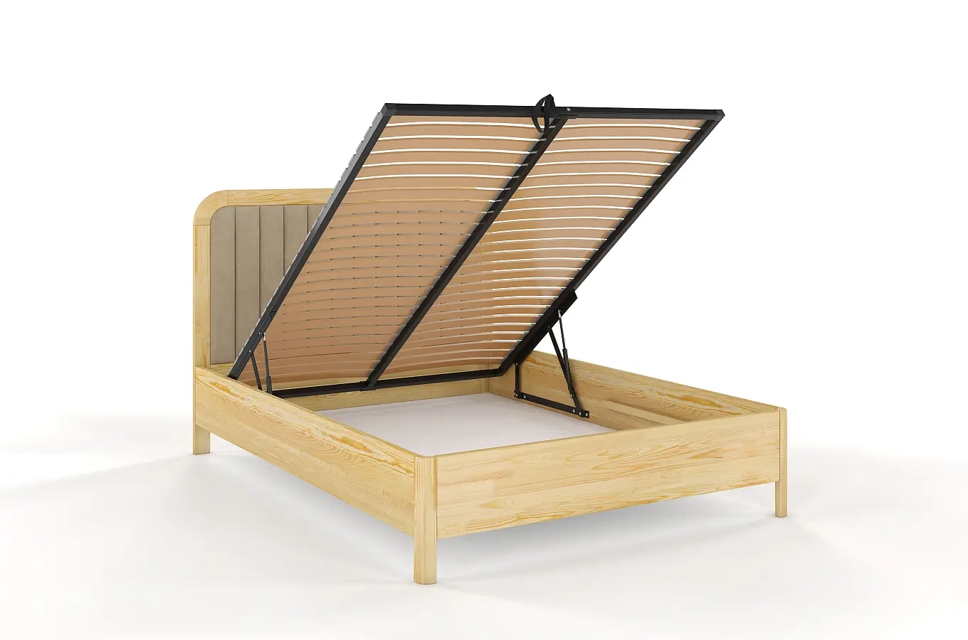 Tapicerowane łóżko drewniane sosnowe Visby MODENA BC z wysokim zagłówkiem / 200x200 cm, kolor naturalny, zagłówek Casablanca 2303 (skrzynia na pościel)