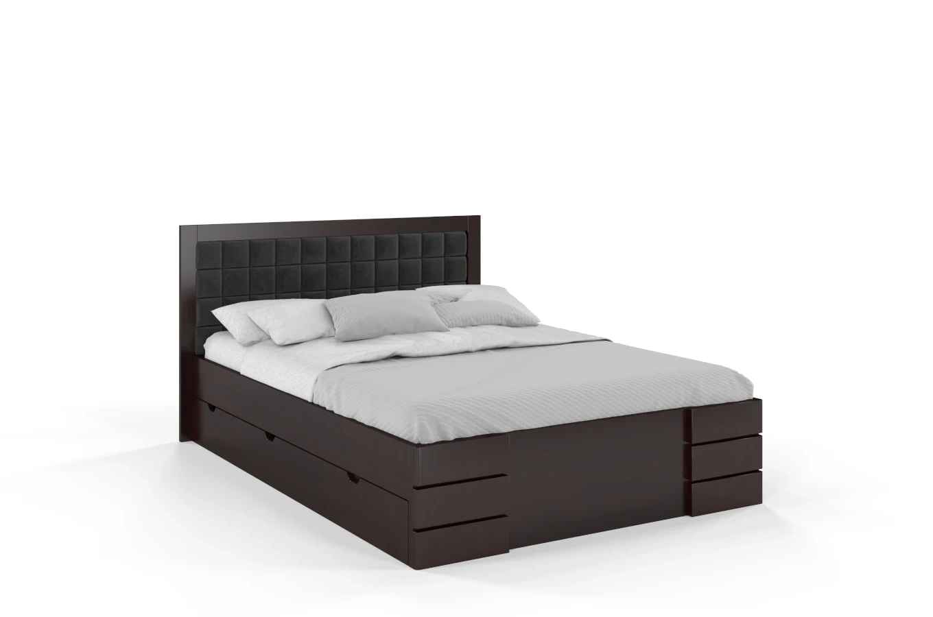 Tapicerowane łóżko drewniane - sosnowe Visby Gotland High Drawers (z szufladami)