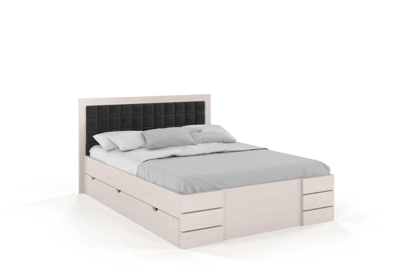 Tapicerowane łóżko drewniane - sosnowe Visby Gotland High Drawers (z szufladami)