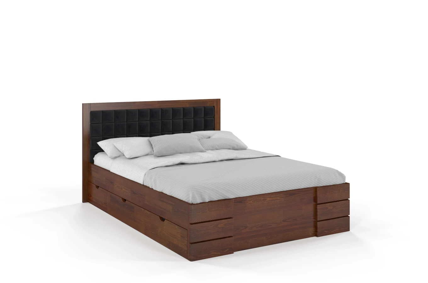 Tapicerowane łóżko drewniane - sosnowe Visby Gotland High Drawers (z szufladami)