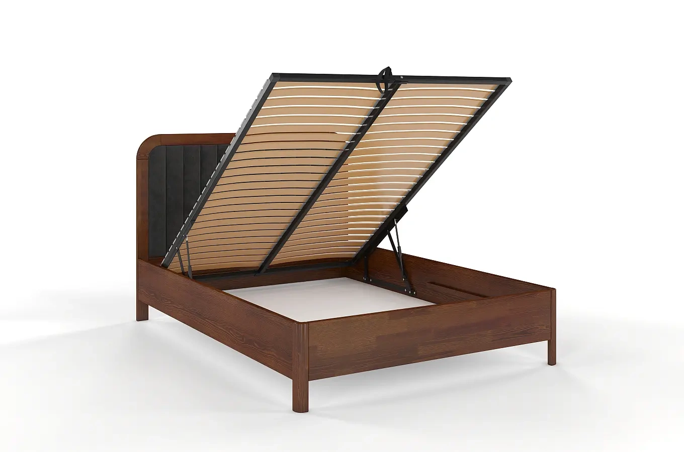 Tapicerowane łóżko drewniane sosnowe Visby MODENA BC z wysokim zagłówkiem / 200x200 cm, kolor orzech, zagłówek Casablanca 2315 (skrzynia na pościel)