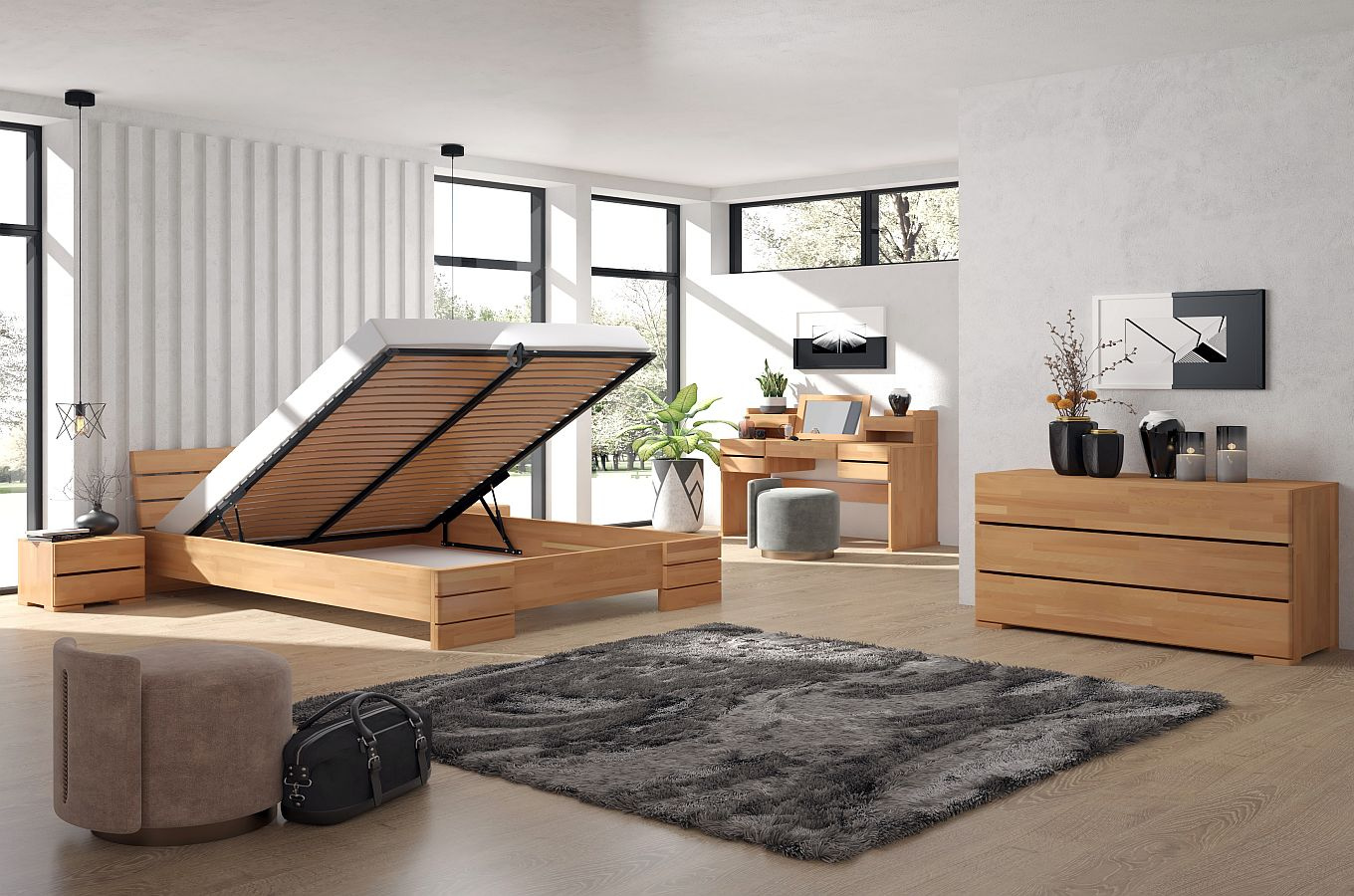 Łóżko drewniane bukowe Visby Sandemo High BC (Skrzynia na pościel) / 180x200 cm, kolor naturalny