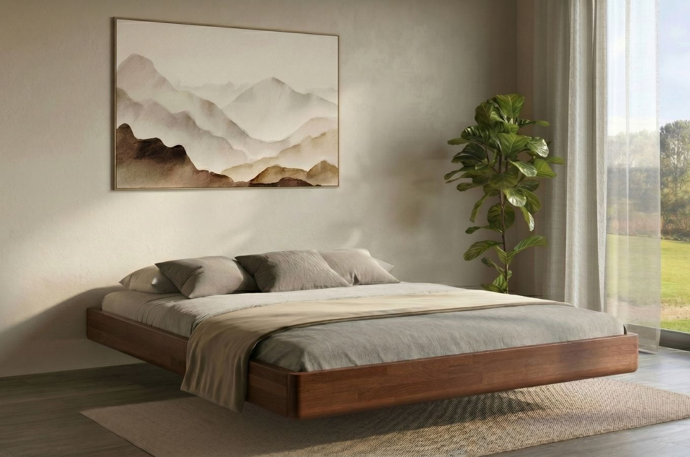 Łóżko lewitujące drewniane bukowe Visby LENA FLAT bez zagłówka, bez szafek / 120x200 cm, kolor orzech
