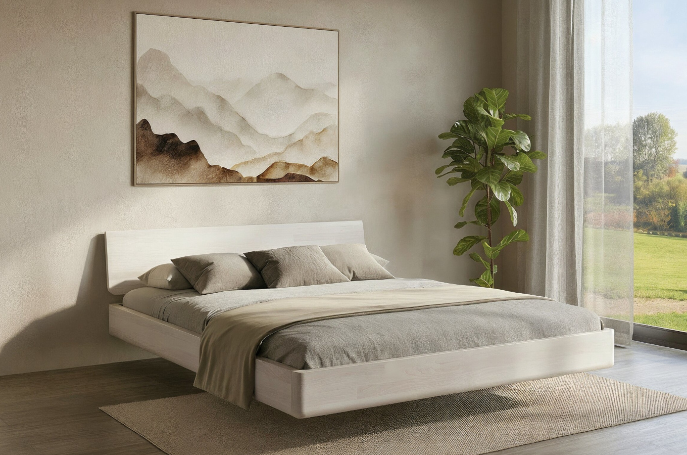 Łóżko lewitujące drewniane bukowe Visby LENA bez szafek / 120x200 cm, kolor biały