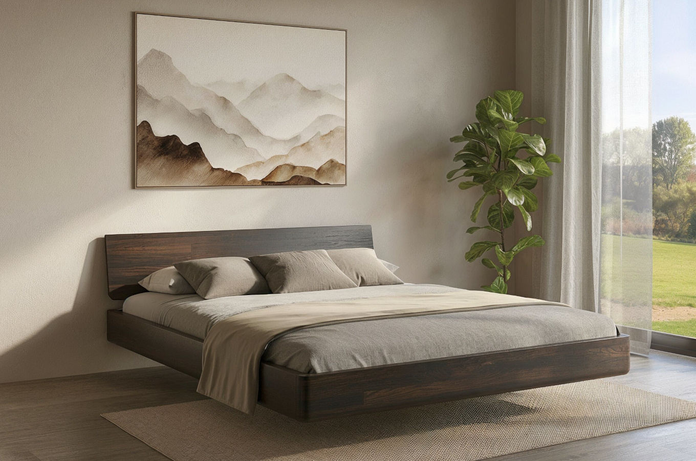 Łóżko lewitujące drewniane bukowe Visby LENA bez szafek / 160x200 cm, kolor palisander