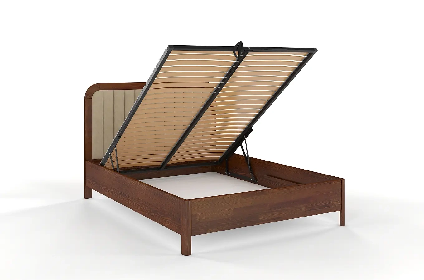 Tapicerowane łóżko drewniane sosnowe Visby MODENA BC z wysokim zagłówkiem / 160x200 cm, kolor orzech, zagłówek Casablanca 2303 (skrzynia na pościel)