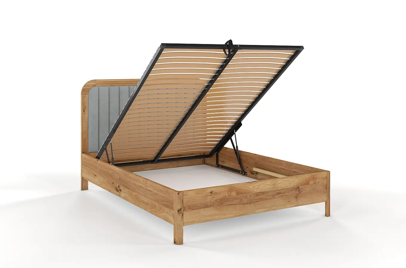 Tapicerowane łóżko drewniane dębowe Visby MODENA BC z wysokim zagłówkiem / 120x200 cm, olej naturalny, zagłówek Casablanca 2314 (skrzynia na pościel)