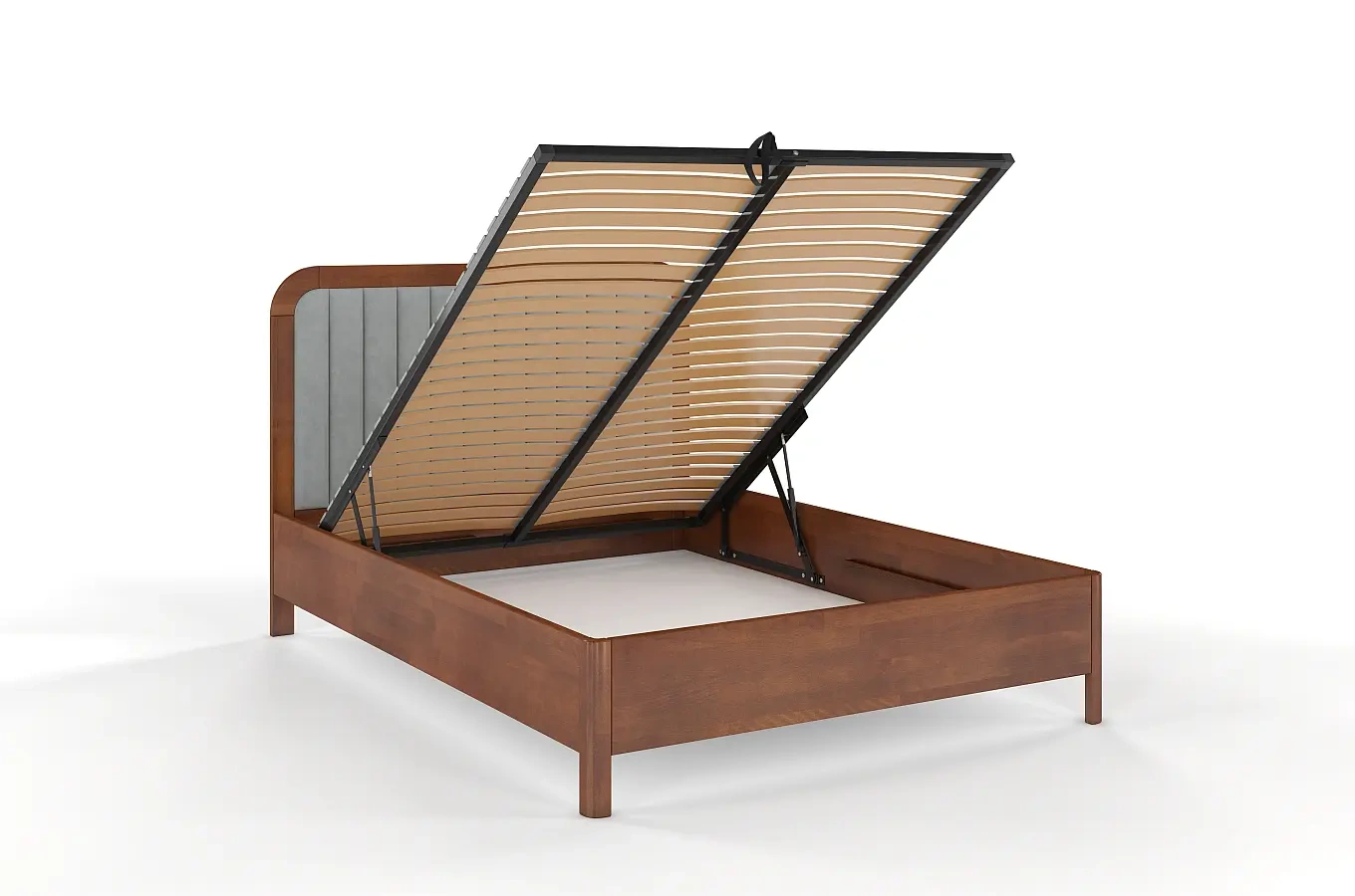 Tapicerowane łóżko drewniane bukowe Visby MODENA BC z wysokim zagłówkiem / 120x200 cm, kolor orzech, zagłówek Casablanca 2314 (skrzynia na pościel)