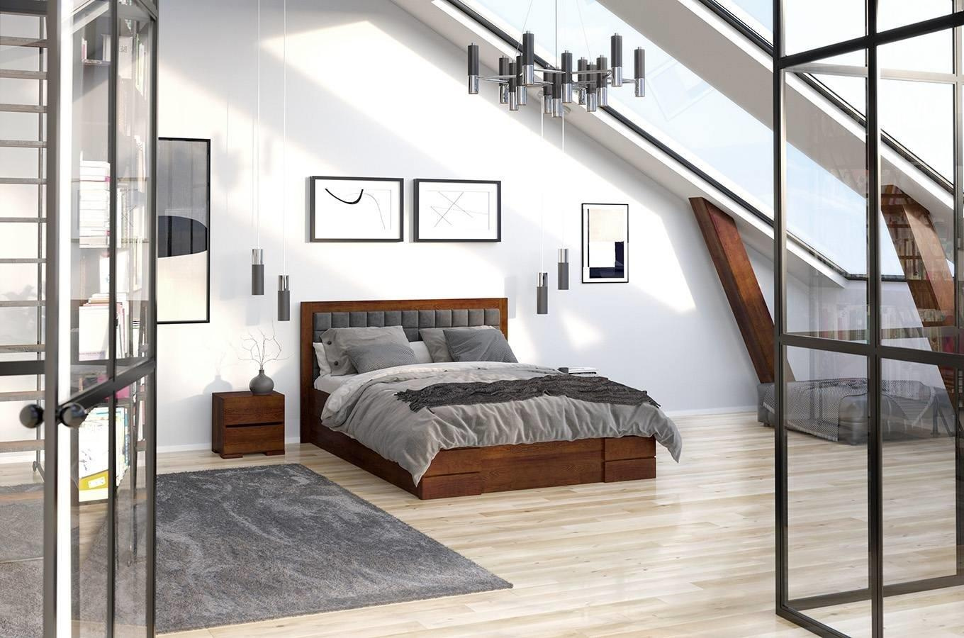 Tapicerowane łóżko drewniane - sosnowe Visby Gotland High Drawers (z szufladami)