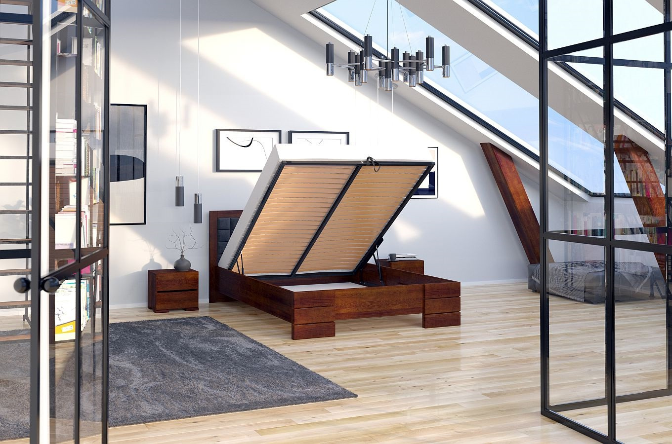 Tapicerowane łóżko drewniane - sosnowe Visby Gotland High BC (skrzynia na pościel)