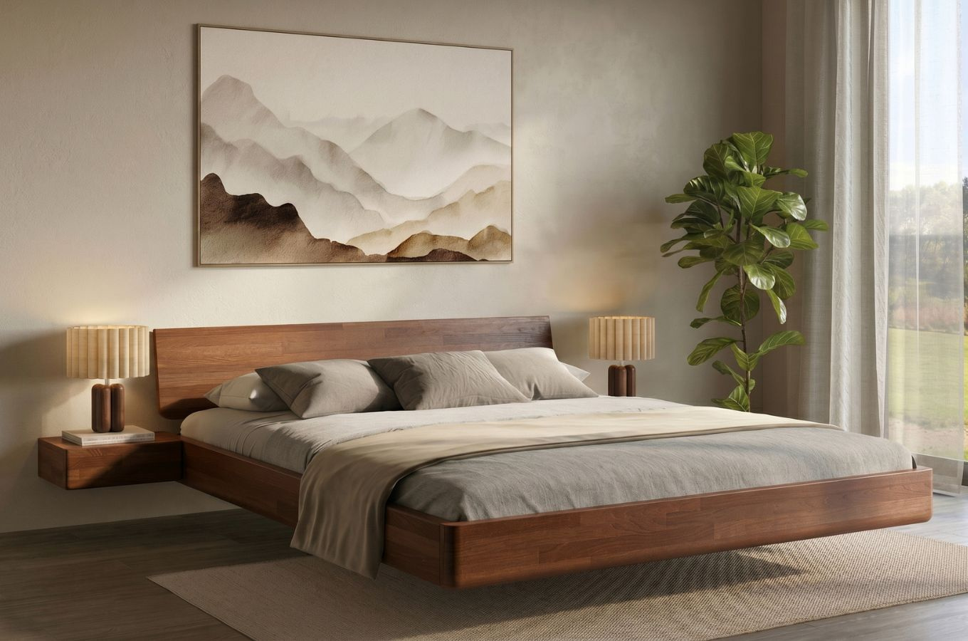 Łóżko lewitujące drewniane bukowe Visby LENA z szafkami / 180x200 cm, kolor orzech