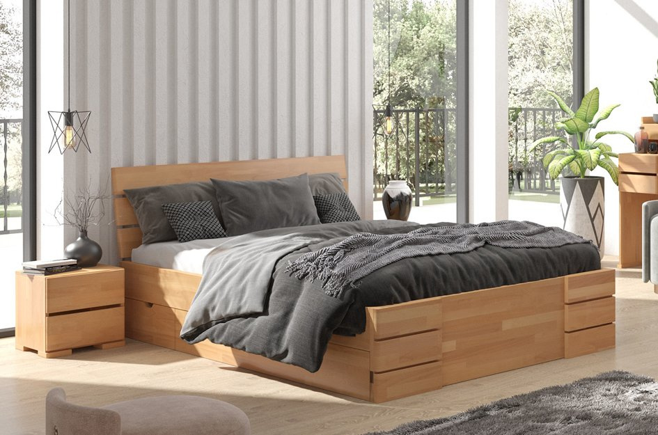 Łóżko drewniane bukowe Visby Sandemo High Drawers (z szufladami)