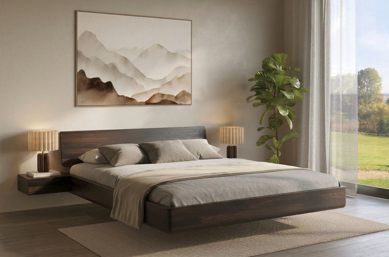 Łóżko lewitujące drewniane bukowe Visby LENA z szafkami / 160x200 cm, kolor palisander