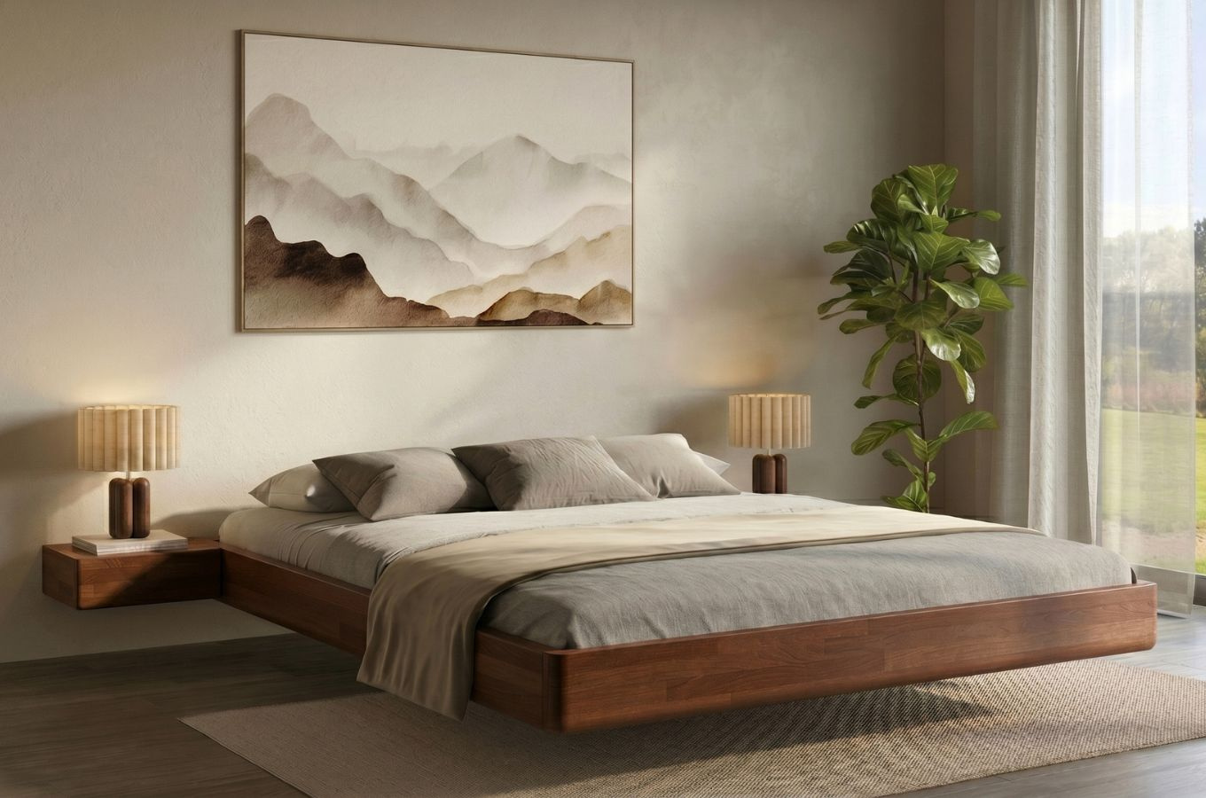 Łóżko lewitujące drewniane bukowe Visby LENA FLAT bez zagłówka, z szafkami / 140x200 cm, kolor orzech