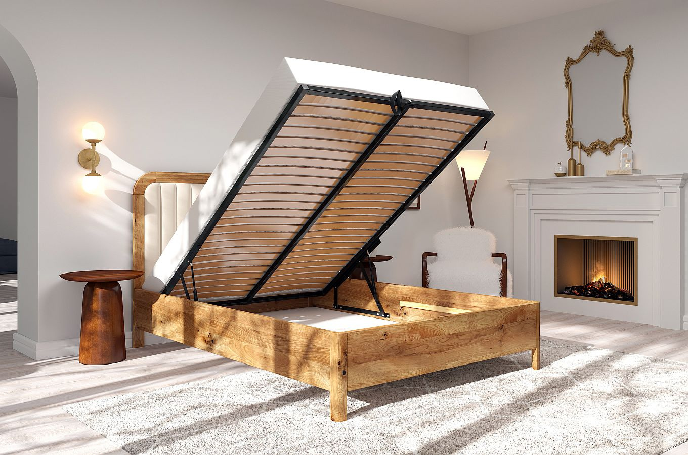 Tapicerowane łóżko drewniane dębowe Visby MODENA BC z wysokim zagłówkiem / 120x200 cm, lakier naturalny, zagłówek Casablanca 2301 (skrzynia na pościel)