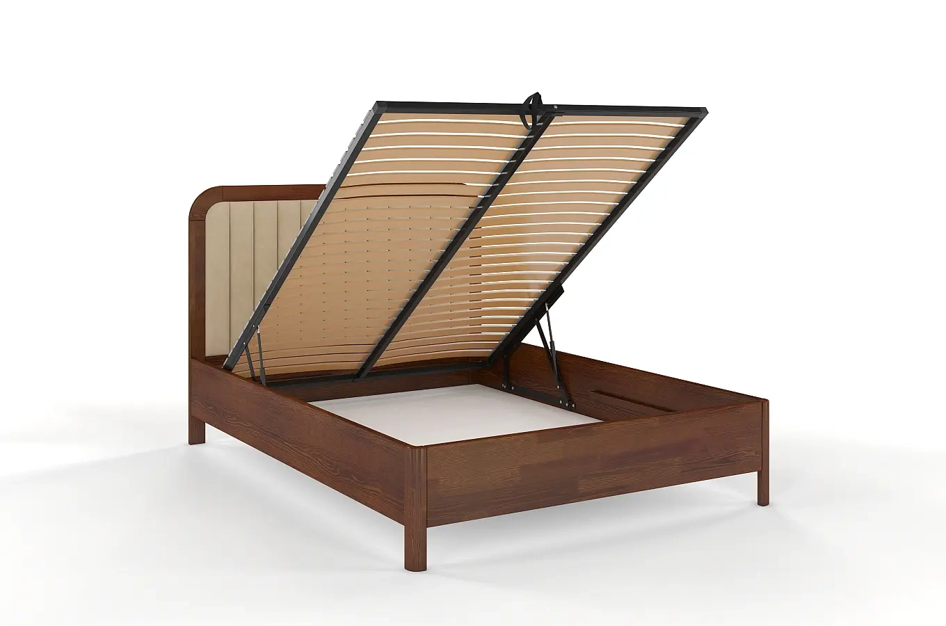 Tapicerowane łóżko drewniane sosnowe Visby MODENA BC z wysokim zagłówkiem / 200x200 cm, kolor orzech, zagłówek Casablanca 2302 (skrzynia na pościel)