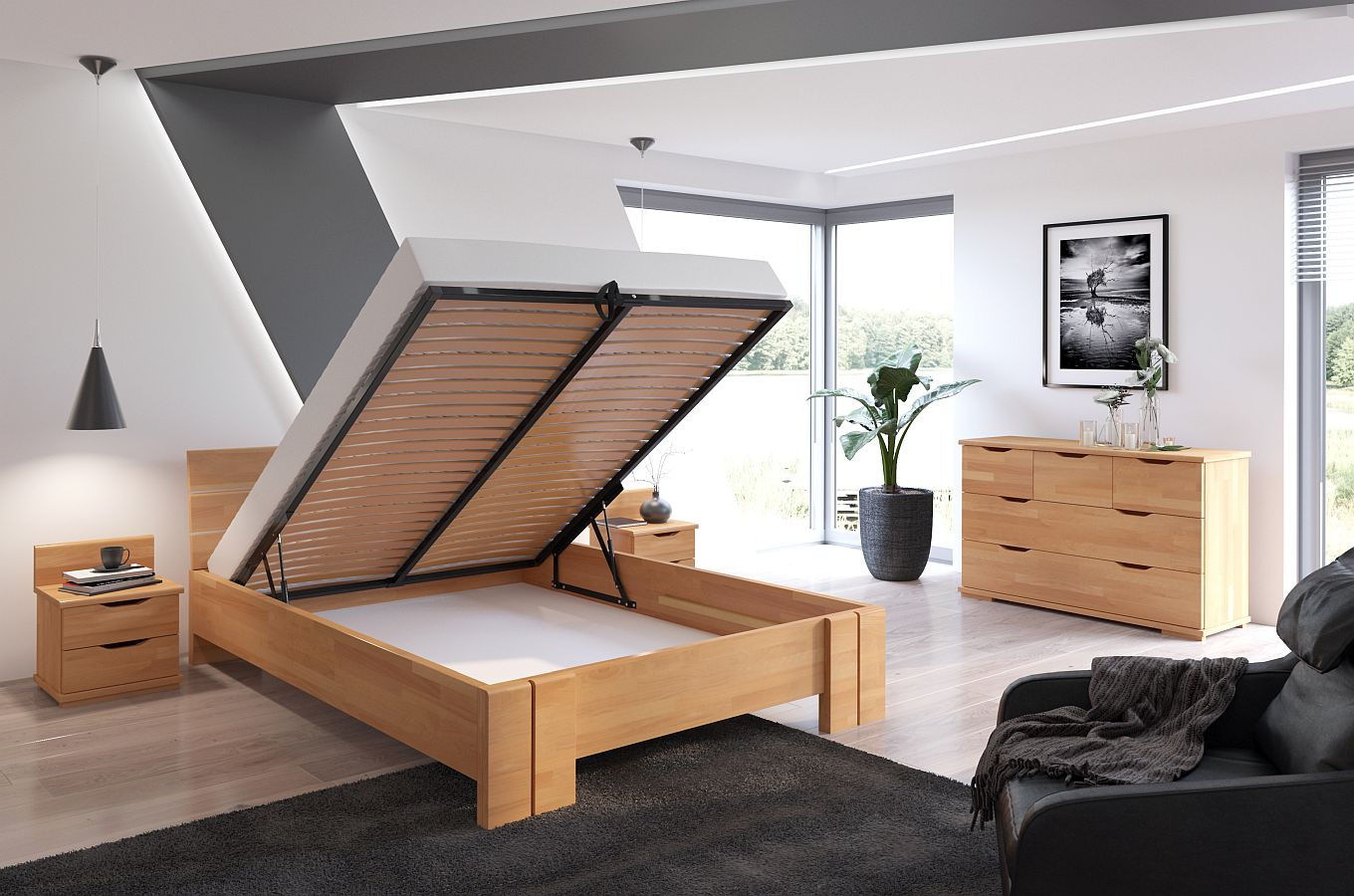 Łóżko drewniane bukowe Visby Arhus High BC Long (Skrzynia na pościel)