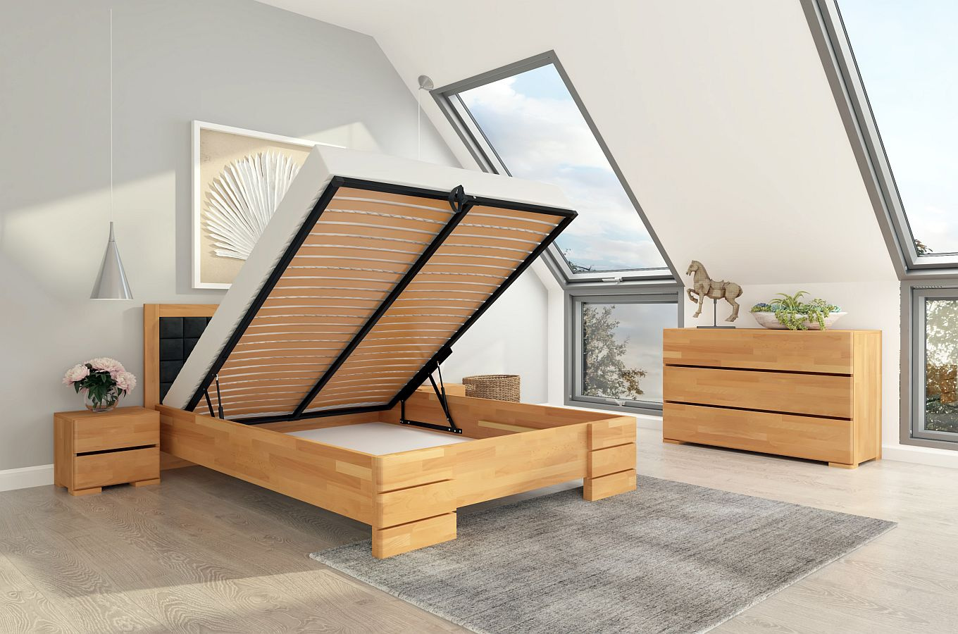 Tapicerowane łóżko drewniane - bukowe Visby GOTLAND High BC Long (Skrzynia na pościel)