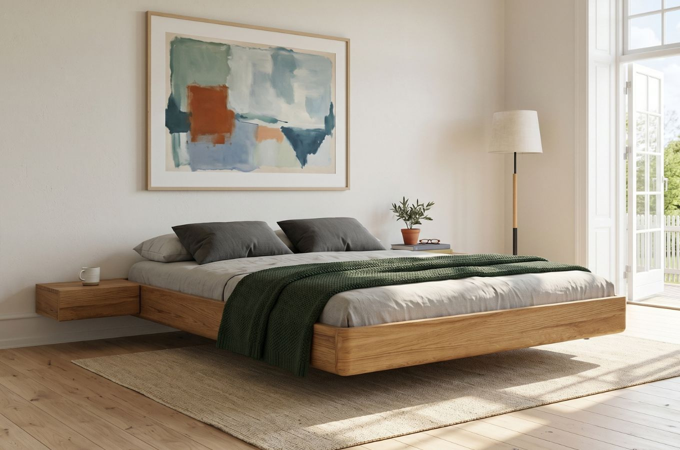 Łóżko lewitujące drewniane dębowe Visby LENA FLAT bez zagłówka, z szafkami / 140x200 cm, lakier naturalny