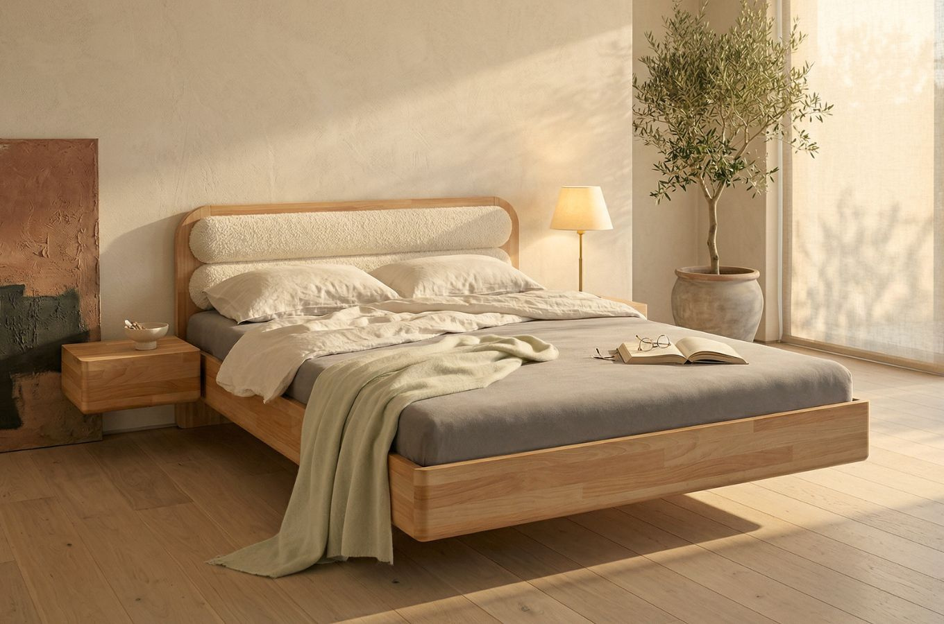 Łóżko lewitujące drewniane bukowe Eyko PONZA z szafkami / 180x200 cm / kolor naturalny / zagłówek biały boucle (Catch Me 01)