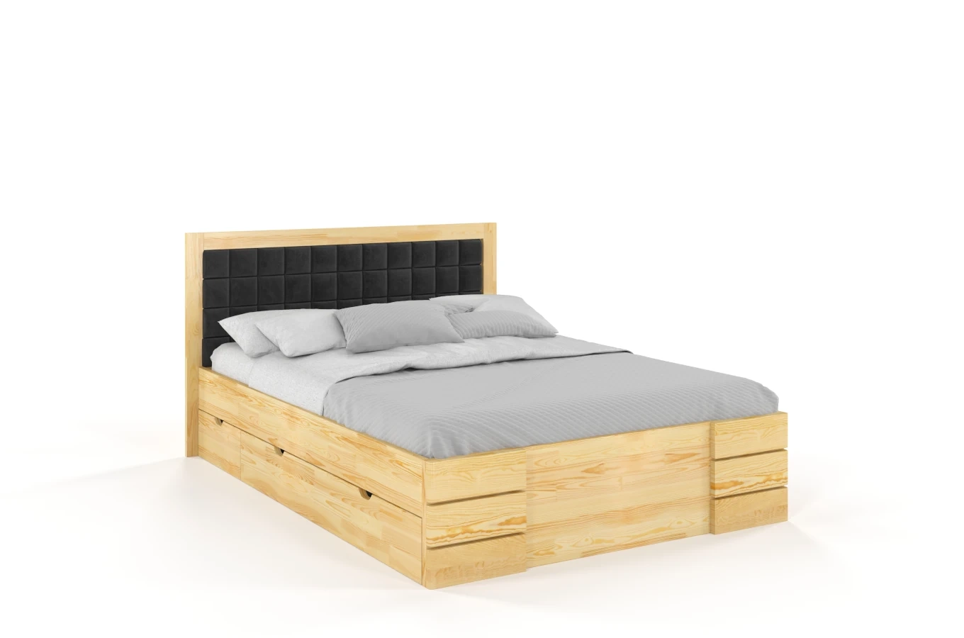 Tapicerowane łóżko drewniane - sosnowe Visby Gotland High Drawers (z szufladami)