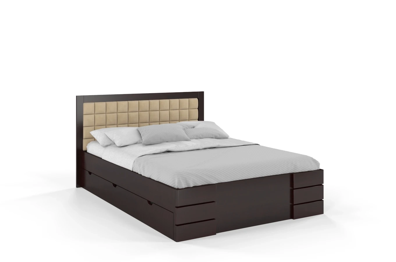 Tapicerowane łóżko drewniane - sosnowe Visby Gotland High Drawers (z szufladami)