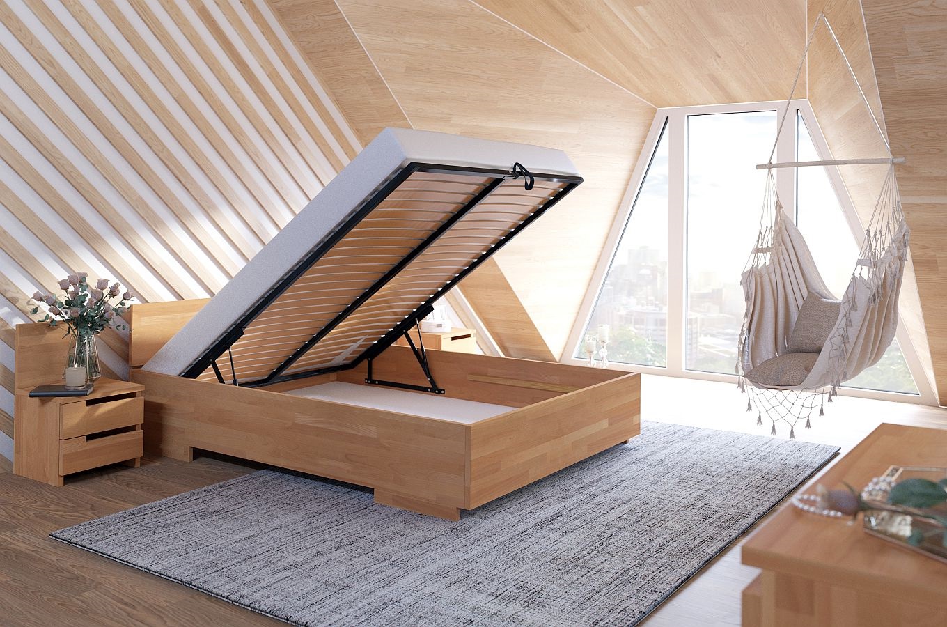 Łóżko drewniane bukowe Visby Bergman High BC Long (skrzynia na pościel) / 200x220 cm, kolor naturalny