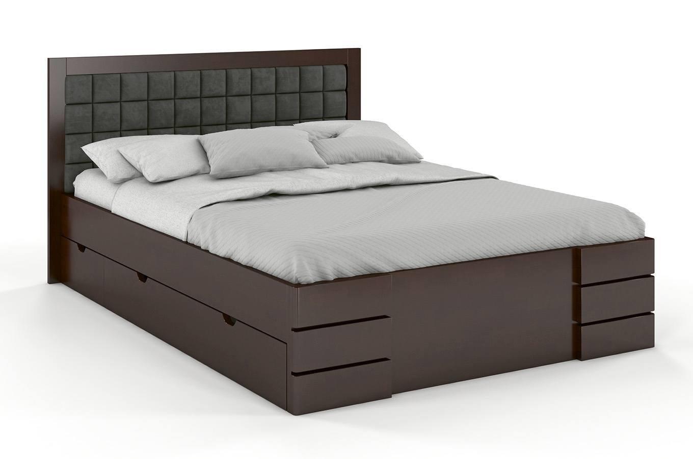 Tapicerowane łóżko drewniane - bukowe Visby GOTLAND High Drawers