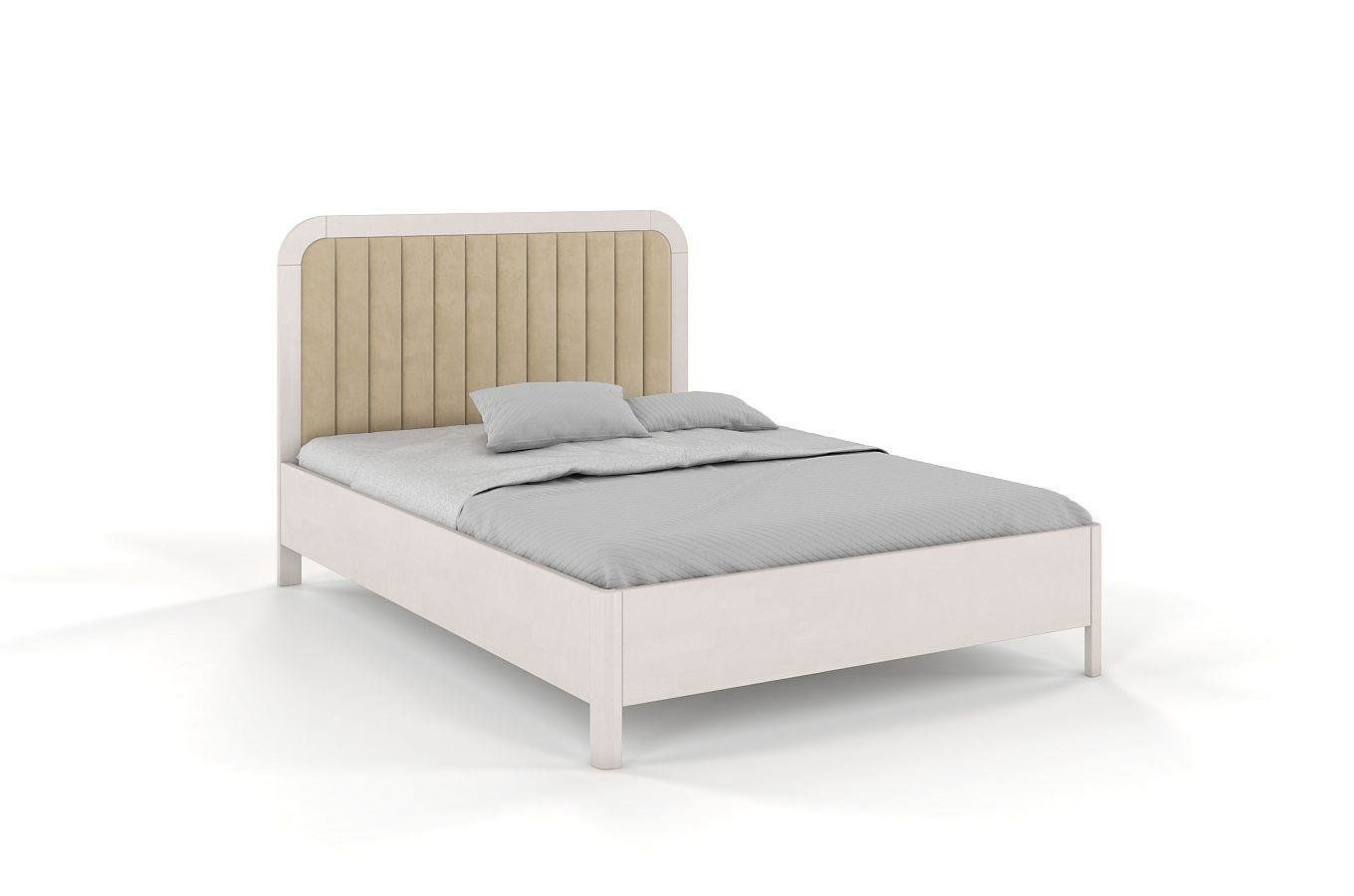 Tapicerowane łóżko drewniane bukowe Visby MODENA z wysokim zagłówkiem / 140x200 cm, kolor biały, zagłówek Casablanca 2302
