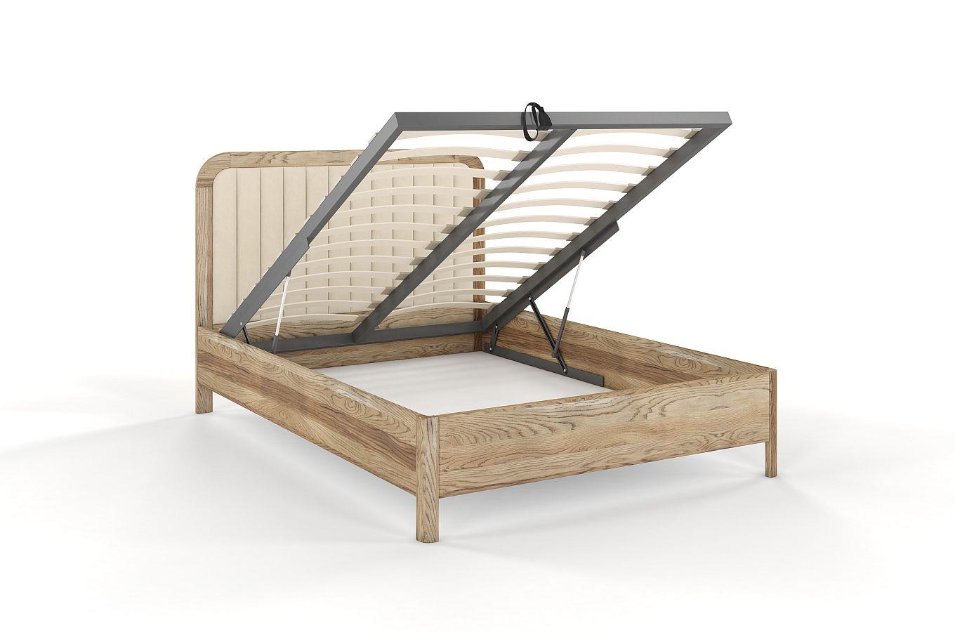 Tapicerowane łóżko drewniane dębowe Visby MODENA BC z wysokim zagłówkiem / 120x200 cm, olej retro, zagłówek Casablanca 2301 (skrzynia na pościel)