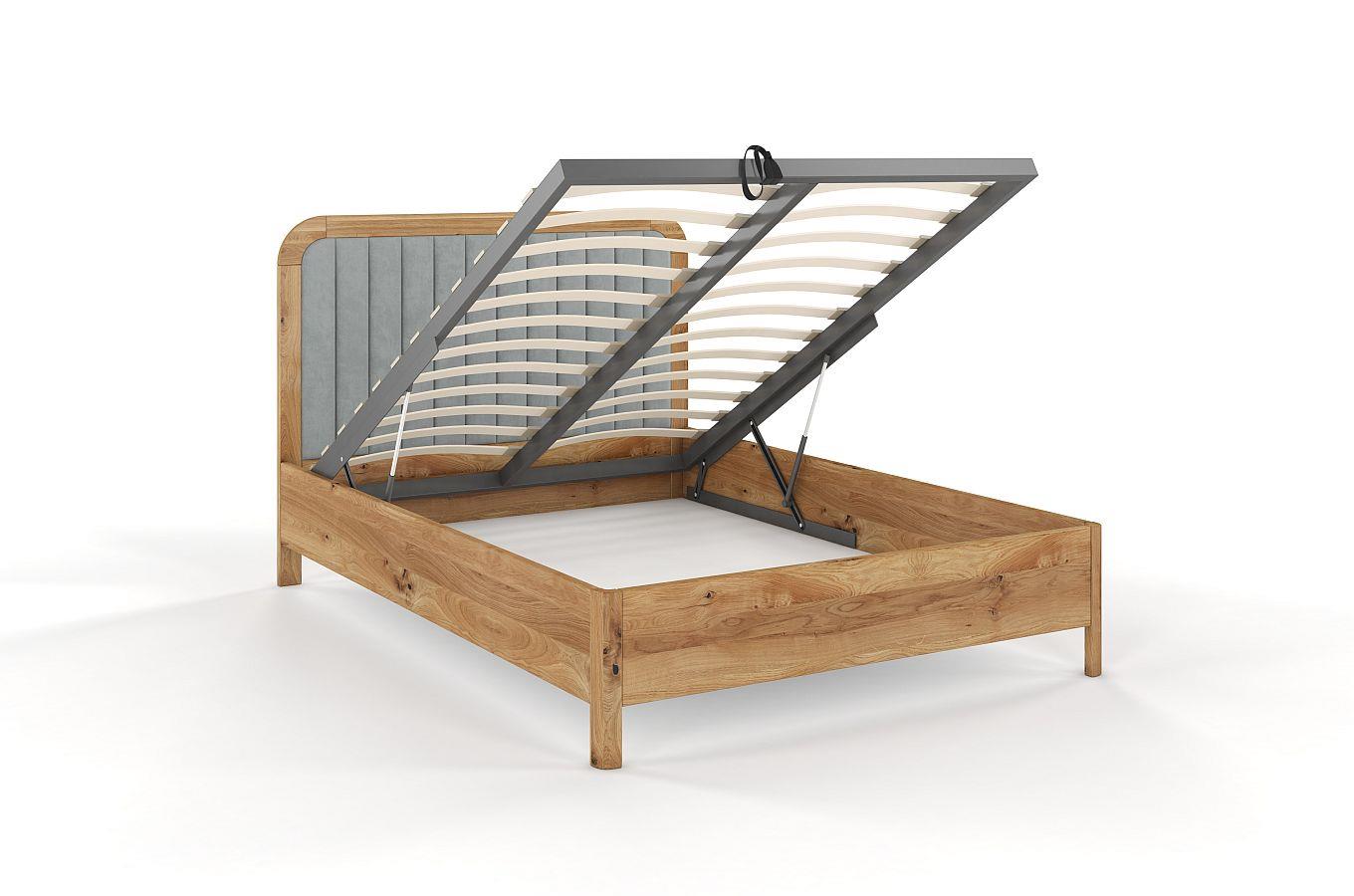 Tapicerowane łóżko drewniane dębowe Visby MODENA BC z wysokim zagłówkiem / 200x200 cm, olej naturalny, zagłówek Casablanca 2314 (skrzynia na pościel)