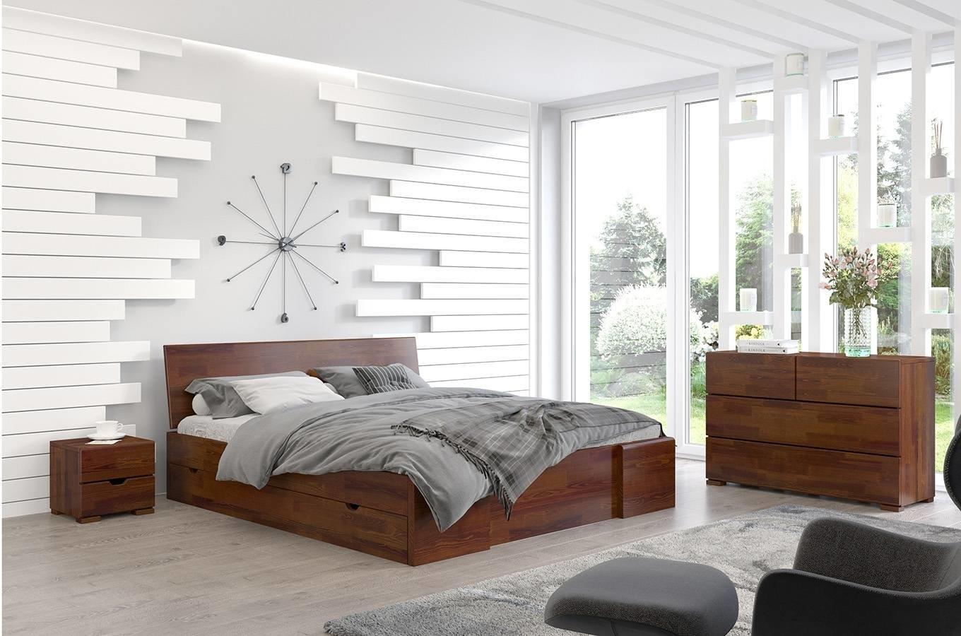 Wysyłka w 48h. Łóżko drewniane sosnowe Visby Hessler High Drawers (z szufladami) / 160x200 cm, kolor orzech - Promocja!