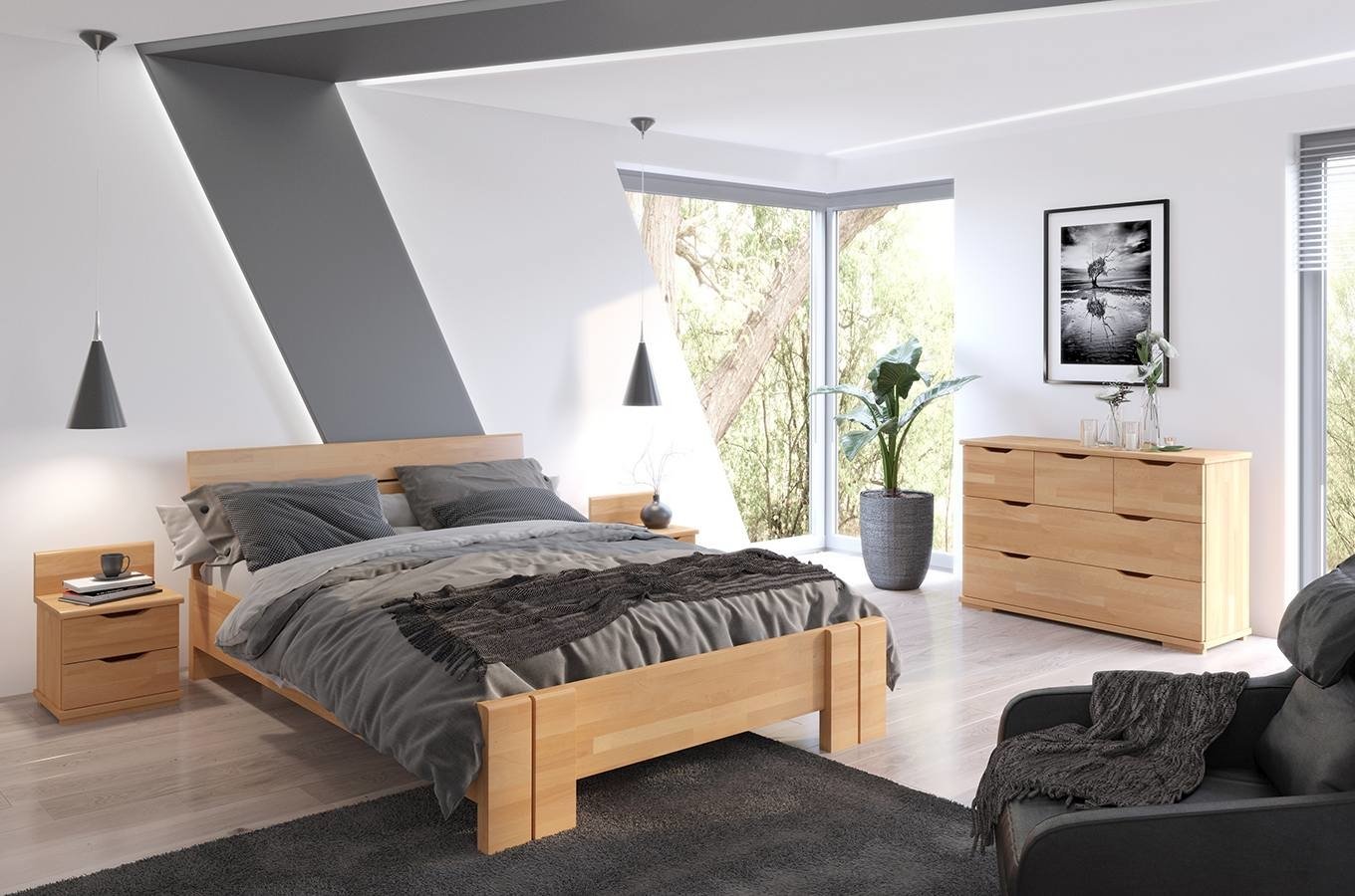 ZESTAW: Łóżko drewniane bukowe Visby ARHUS High + Materac kieszeniowy Visby NORLAND / z pianką poliuretanową
