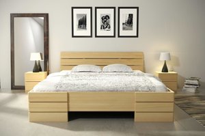 Łóżko drewniane sosnowe Visby Sandemo HIGH & BC (Skrzynia na pościel) / 140x200 cm, kolor orzech