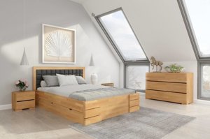 Tapicerowane łóżko drewniane - bukowe Visby GOTLAND High Drawers